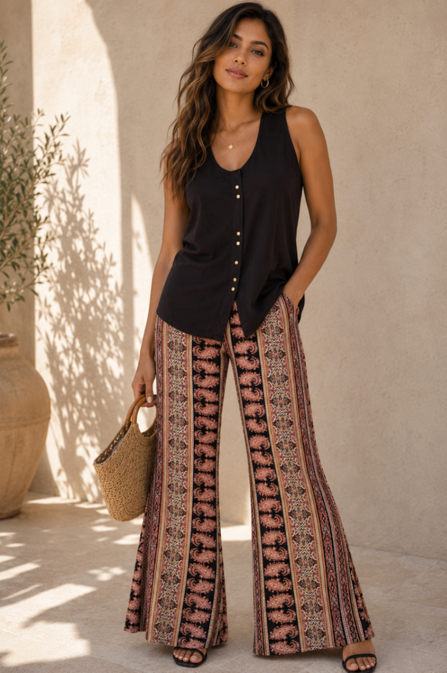 Forever 21 2X Large Paisley Stripe Bell Bottom Flare Pants Boho Stretch